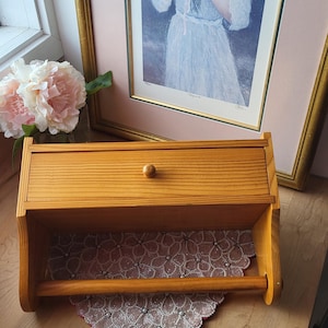Vintage wooden shelf with knob and sliding drawer shelf with paper towel holder, kitchen storage