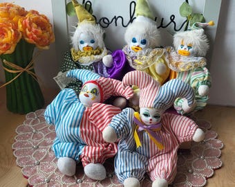 Companion (1)Clown Doll, Purple Yellow Bean Bag Clown, Porcelain Circus Jester, Ceramic Face Collector Pierrot, Collectible Happy Sad Clown