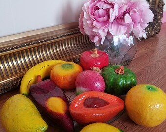 Vintage Set of 10 Paper Mache Fruit & Vegetables For Basket Handmade Painted Mexican Folk Art Veggies