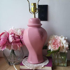 Vintage 80s Tall Pink Mauve Pottery Ceramic Table Lamp Ginger Jar