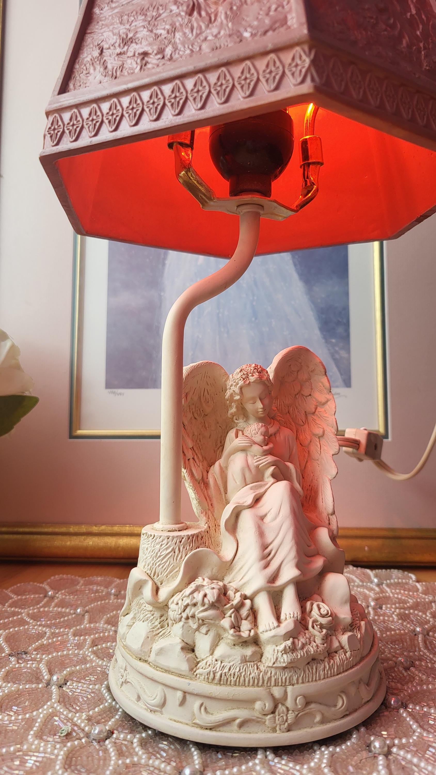 Vintage Pink and off White Small Resin Angel Night Light Lamp