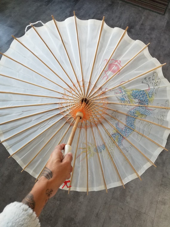 Vintage Chinese Umbrella Hand Painting PARCHMENT … - image 4