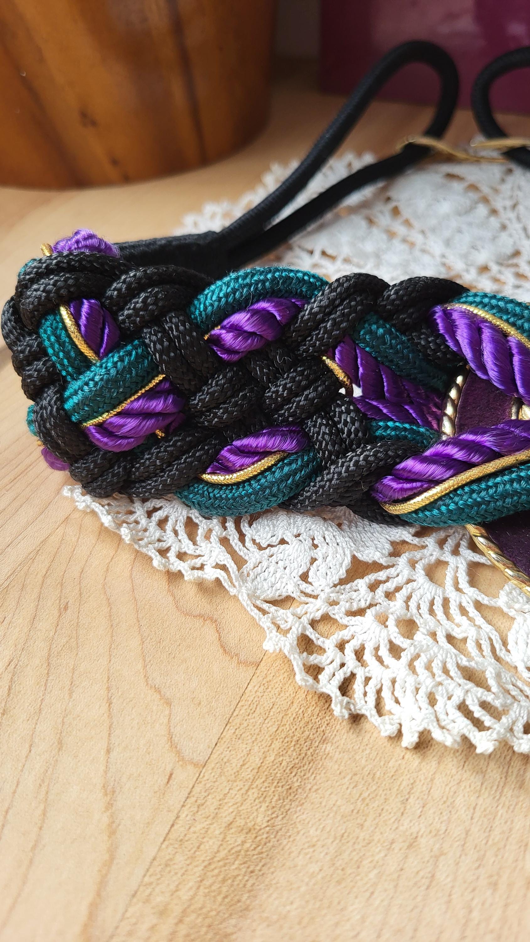 Vintage Black Green Purple & Gold Braided Belt With Big Gold 
