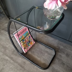 Vintage 80's Retro Black Metal Side Table with Magazine Rack Holder Metal Bedside Table Black Metal and Blue Green Tinted Glass Table