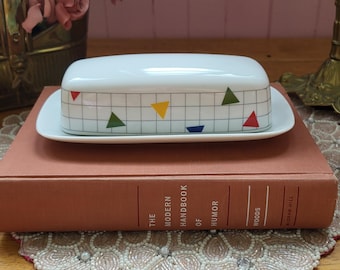 Vintage 80s Butter Dish Cute Pattern Geometric Colorful Lego Memphis Style Postmodern