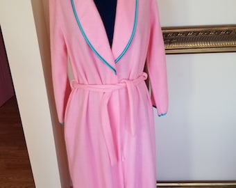 Vintage 80's Pink and Turquoise Fleece Bath Robe, Size Small
