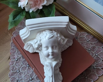 Vintage Weiß Vergoldete Engel Cherub Wand Display Regal Wandleuchte Keramik