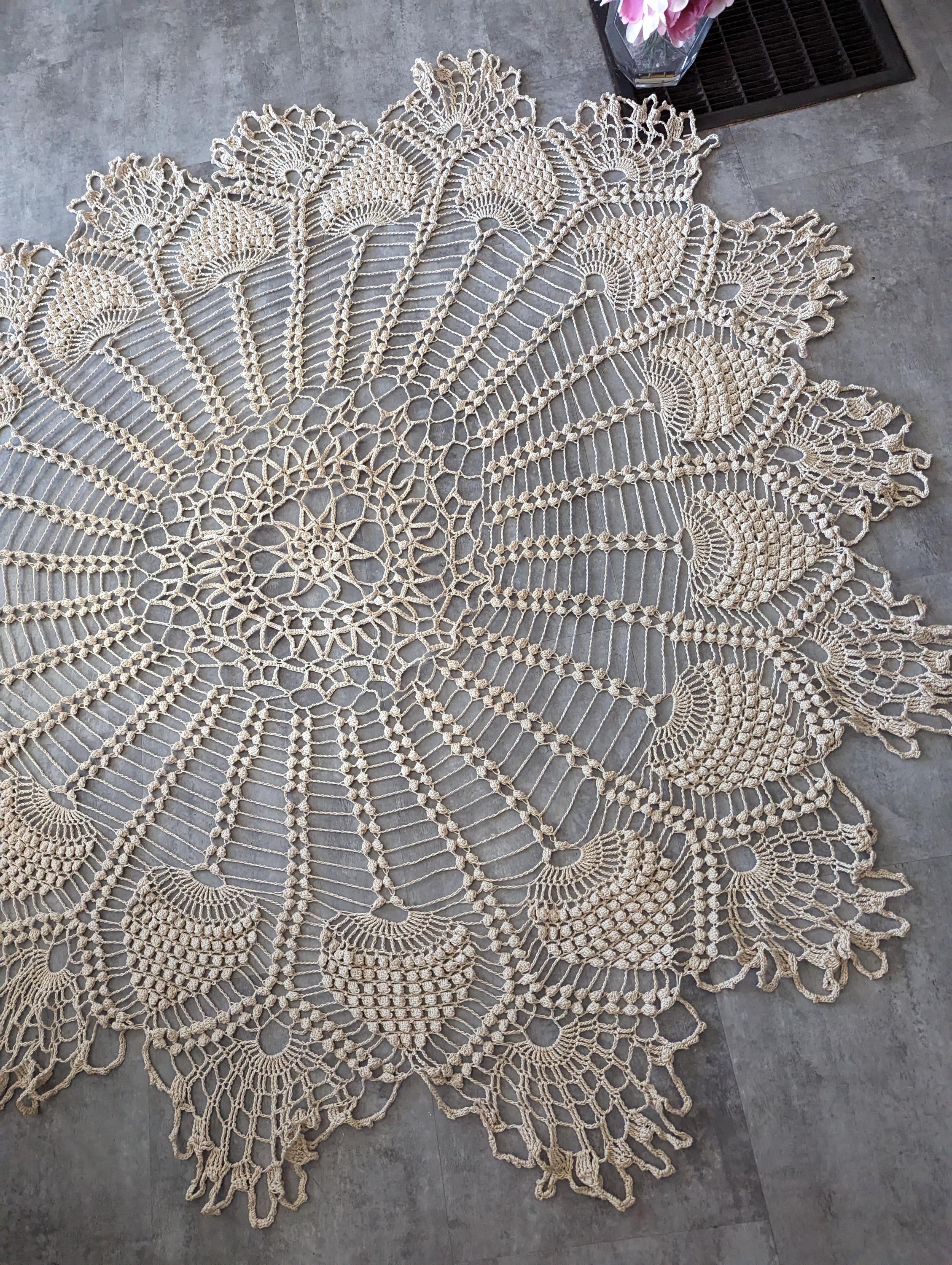 Vintage ecru crochet tablecloth, 60" handmade, 70s