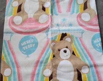 Vintage NOS Rare Bear & Rainbow Bed Cover Big Blanket Made in USA Pink Satin End Twin Bed