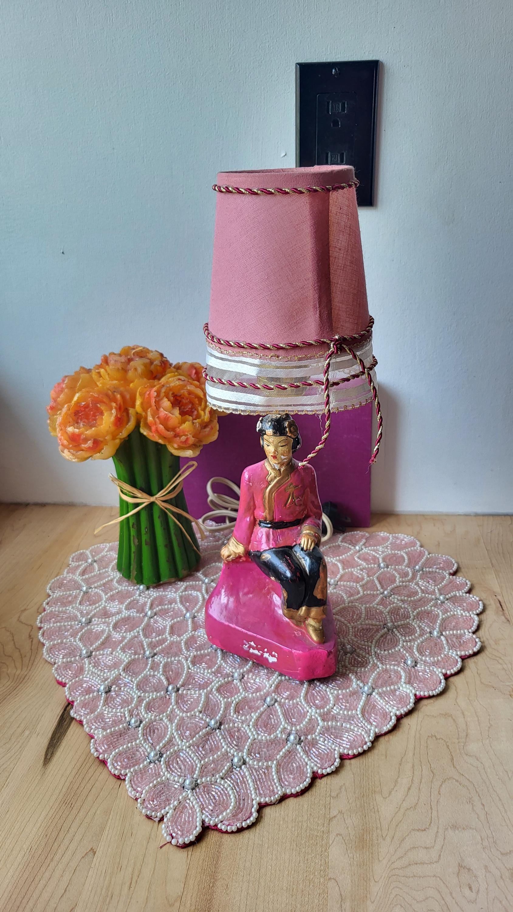 Vintage MCM Lamp With Pink Pretty Asian Lady Japan Oriental
