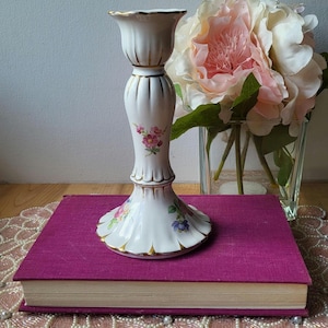 Vintage White Ceramic Gorgeous Candlestick Holder with Handpainted Flowers Number Under Romantic Coquette Shabby Chic