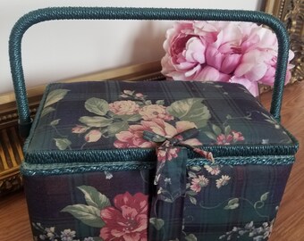 Vintage Sewing Basket Carry Handles Green Floral Made in Phillipines