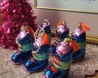 Vibtage Set of 6 Ski Boots Glass Ornament Ski Gear Snowboarding Glass Glitter