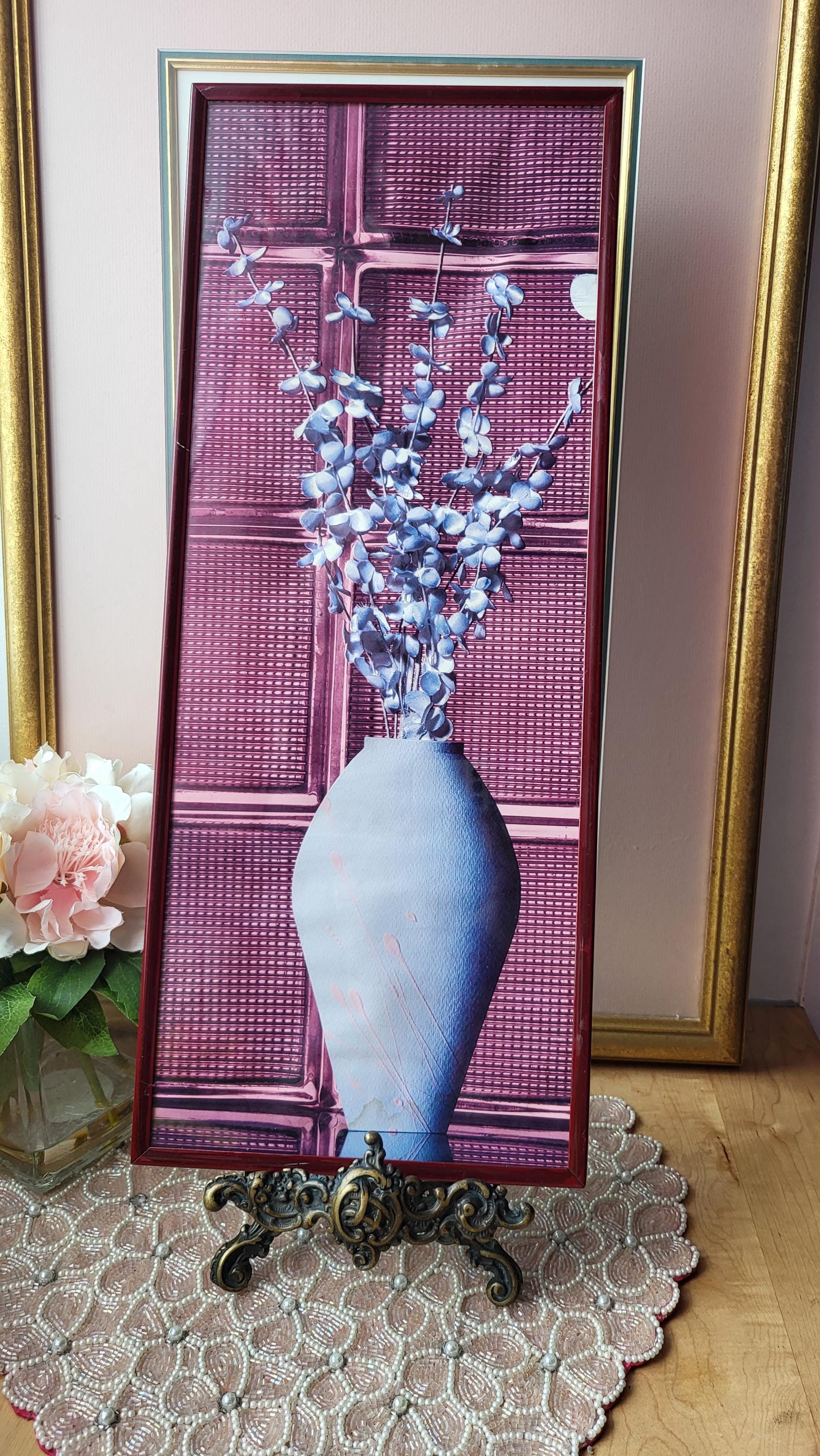 Vintage 80s Wall Decor. Vase Decor Painting. Burgundy Plastic