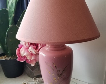 Vintage Pink Floral Glass Lamp – Flowers and Weat Pastel Lamp, 80s / 90s Large Table Lamp, Statement Lighting Handmade