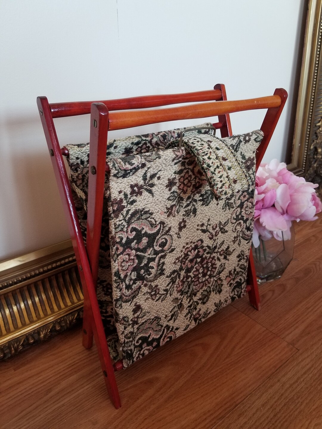 Vintage Folding Knitting Bag Wood & Floral Fabric Sewing Notion