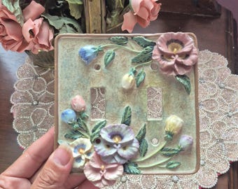 Cubierta de interruptor de luz floral 3D | Decoración vintage rosa femenina | Interruptor de luz de jardín