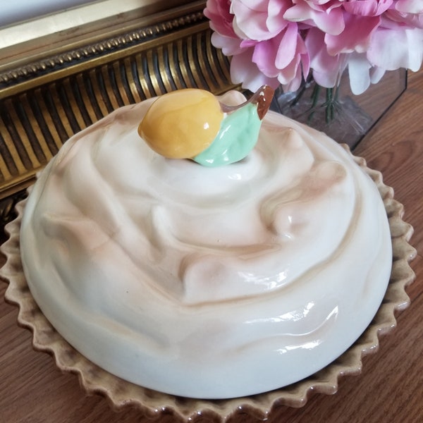 vintage Lemon Meringue Pie Keeper Plat à tarte couvert, Support à dessert en céramique, Citron, Recette de tarte meringuée faite à la main