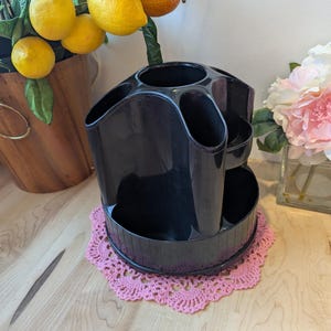 Vintage Space Age Design Black Plastic Pen Holder Desk Organizer Retro Office Accesories Made in USA 70&#39;s