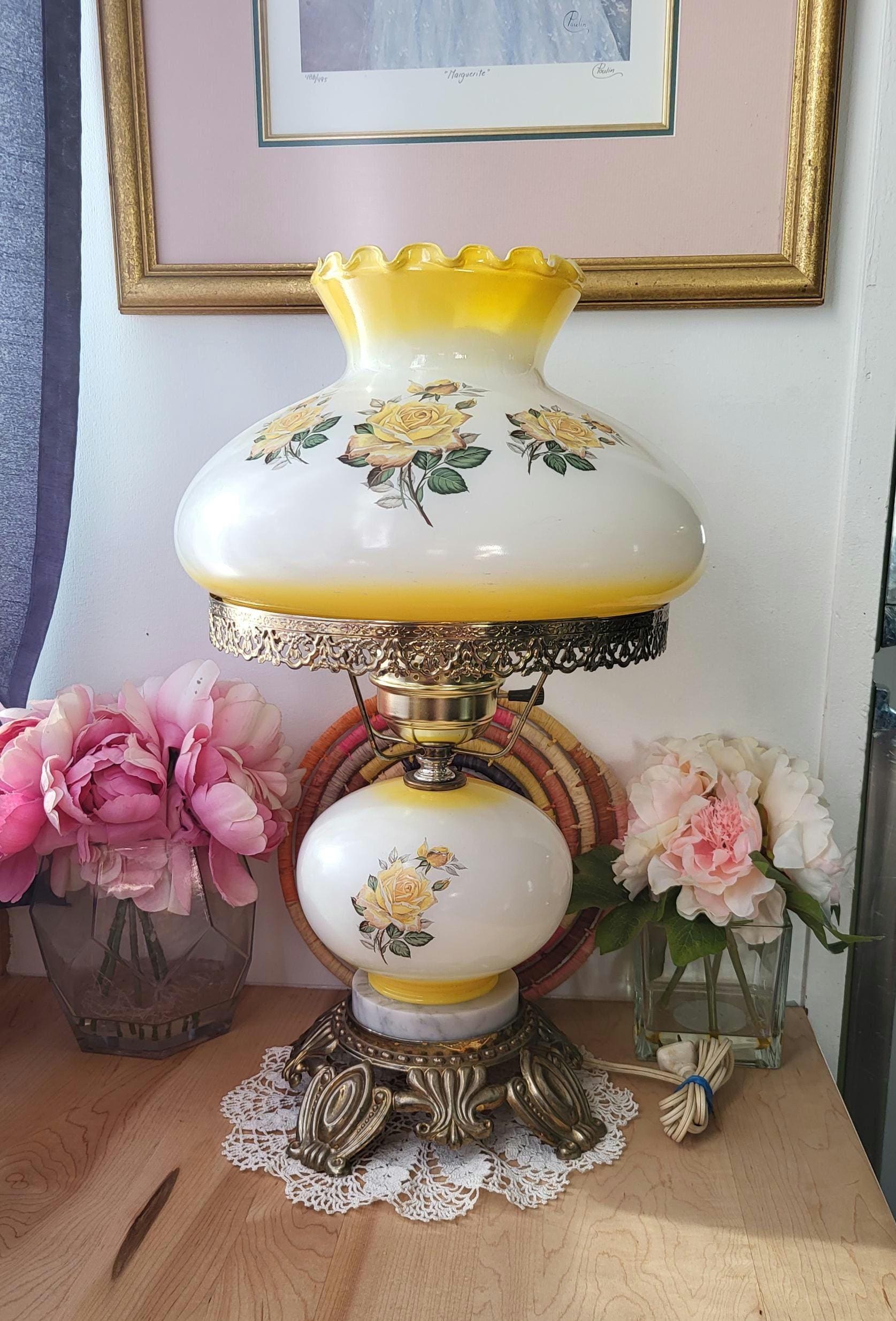 Vintage Hurricane Lamp White Yellow Roses 19