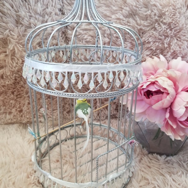 Vintage Bird Cage Silver Tone Metal Round Birdcage 17" X 8" 1/2 Wedding Decor