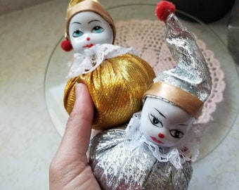 Vintage Duo of Pierrot Jester Porcelaine Pin Cushion