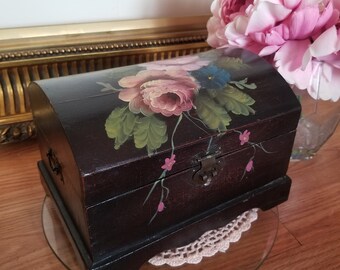 Vintage Handpainted Jewelry Box Flowers Velvet Interior Small Box Tresor Box