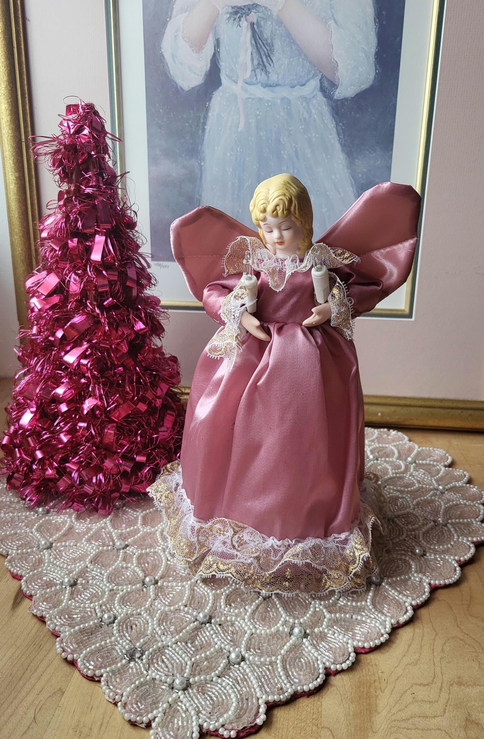 90s Vintage Lighted Victorian Angel Christmas Tree Topper Pink