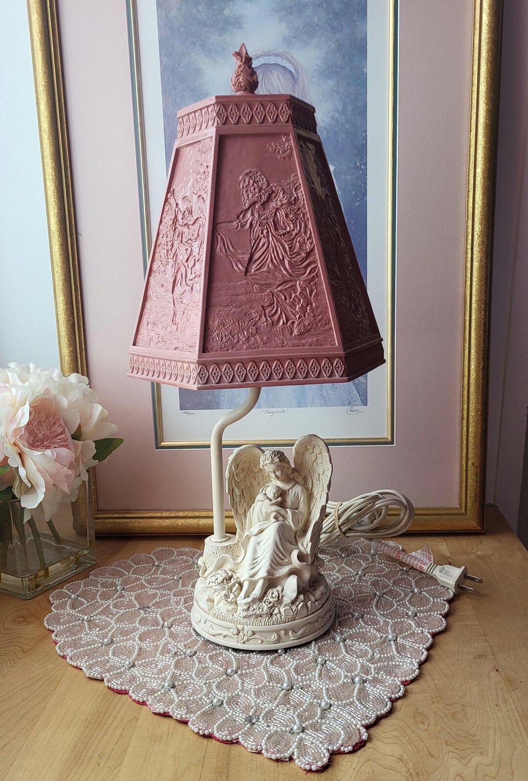 Vintage Pink and off White Small Resin Angel Night Light Lamp