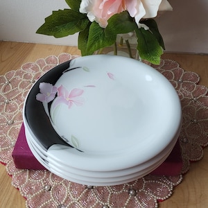 Juego vintage de 4 platos de porcelana Art Déco Iris en negro y rosa de Baviera Mitterteich. Fabricado en Alemania.