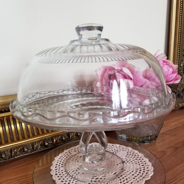 Vintage Pedestral Viking Princess Cake Stand Plate and Dome with Etched K&J on the Plate Crystal Salver Heart