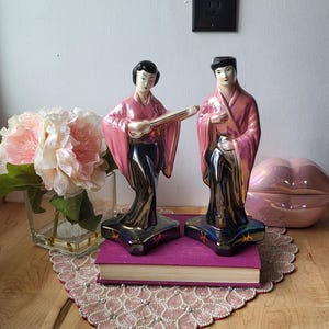 Vintage Pair of Mid-Century Stanford Art Pottery Oriental Asian Couple Woman and Man Lusterware Ceramic Figurines
