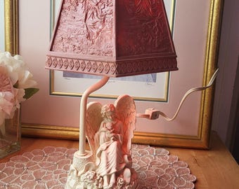 Vintage Pink and off White Small Resin Angel Night Light Lamp