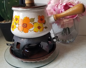 Retro Flower Power Fondue Pot and Stand, Vintage Fondue Set, Enamel, Wood Handle, 1970s Made in Japan