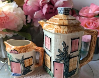 Vintage Lovely Tea Pot Set Shape of Houses Set Pink Orange Windows & Doors