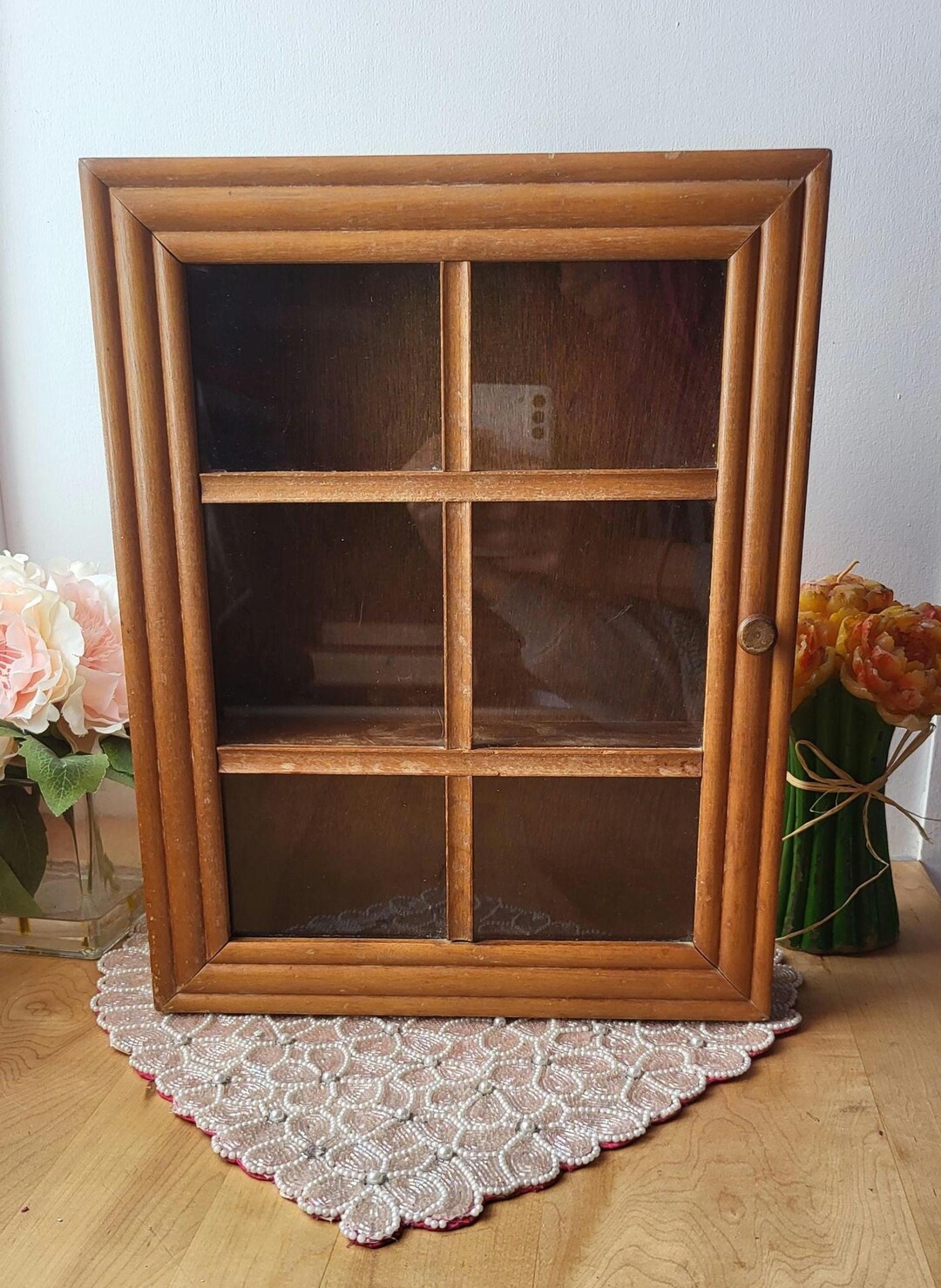Vintage Display Case Shadow Box Mahogany Wood Curio Wall Display