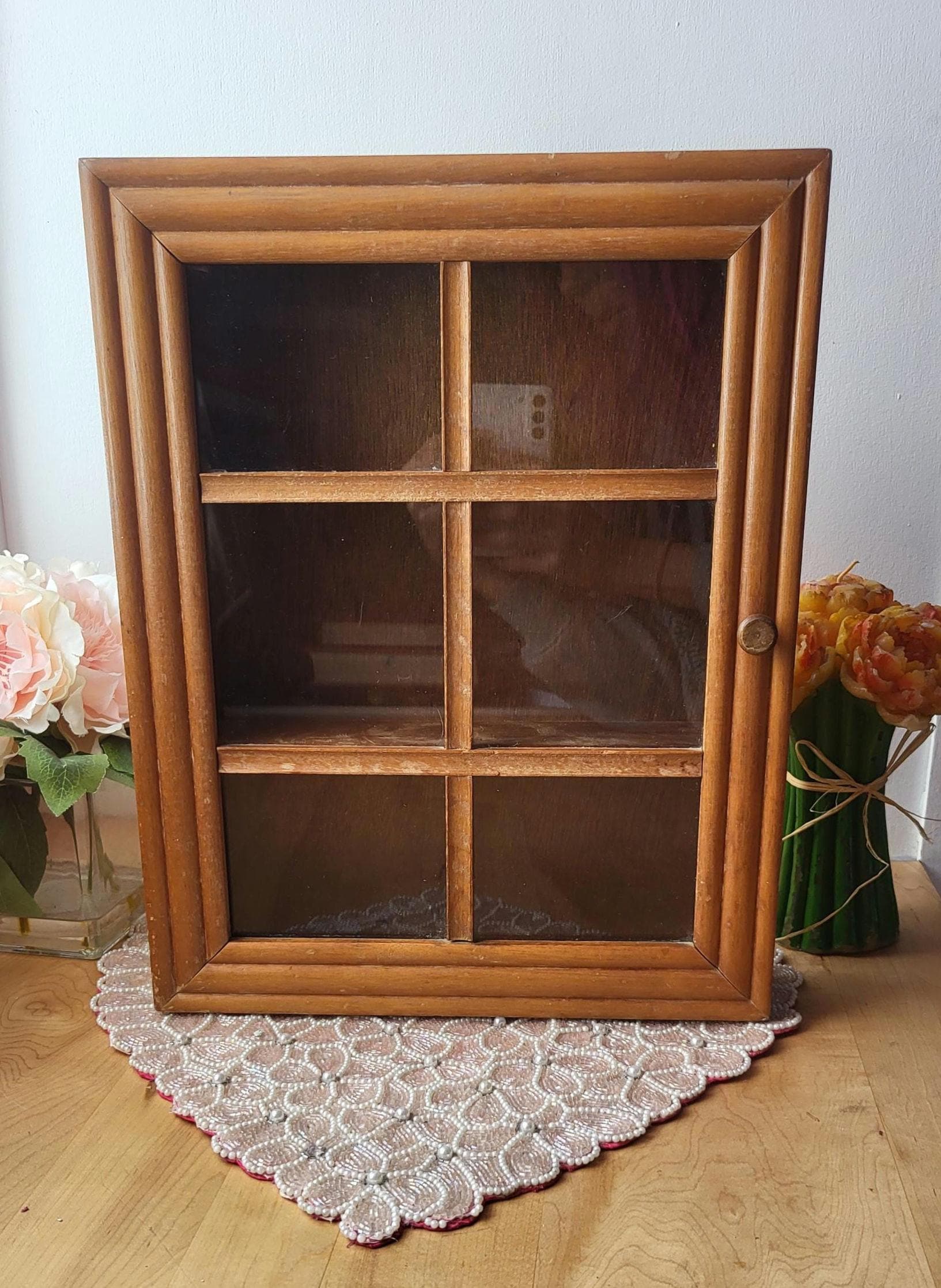 Vintage Display Case Shadow Box Mahogany Wood Curio Wall Display