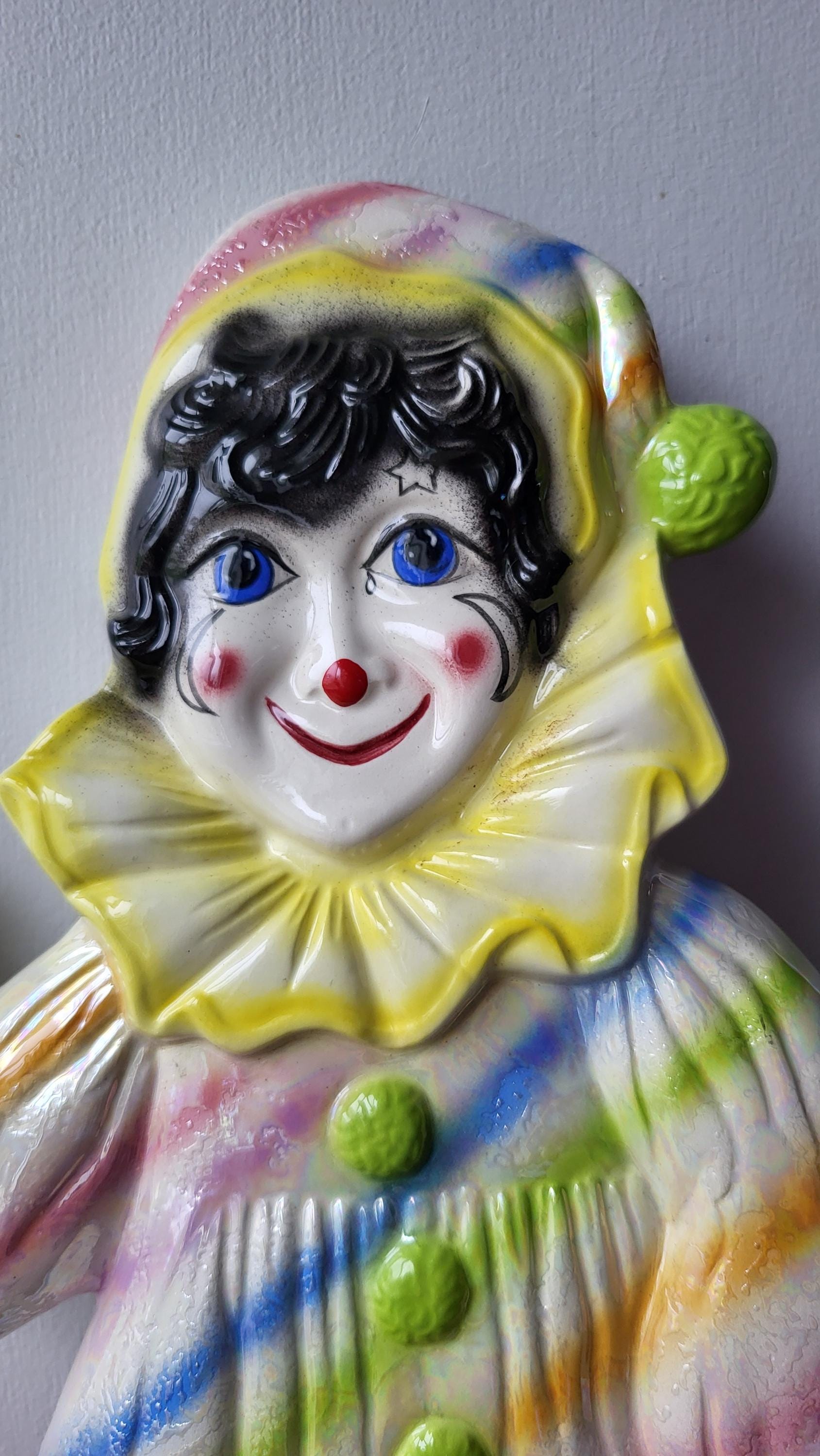 Vintage Large Clown Pierrot Mime Wall Hanging Iridescent Colorful