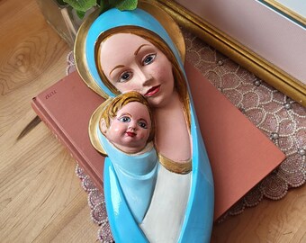 Antique Rare Madonna and Child Baby Jesus Wall Hanging Plaque Heavy Plaster Hand Painted Religious Decor Virgin