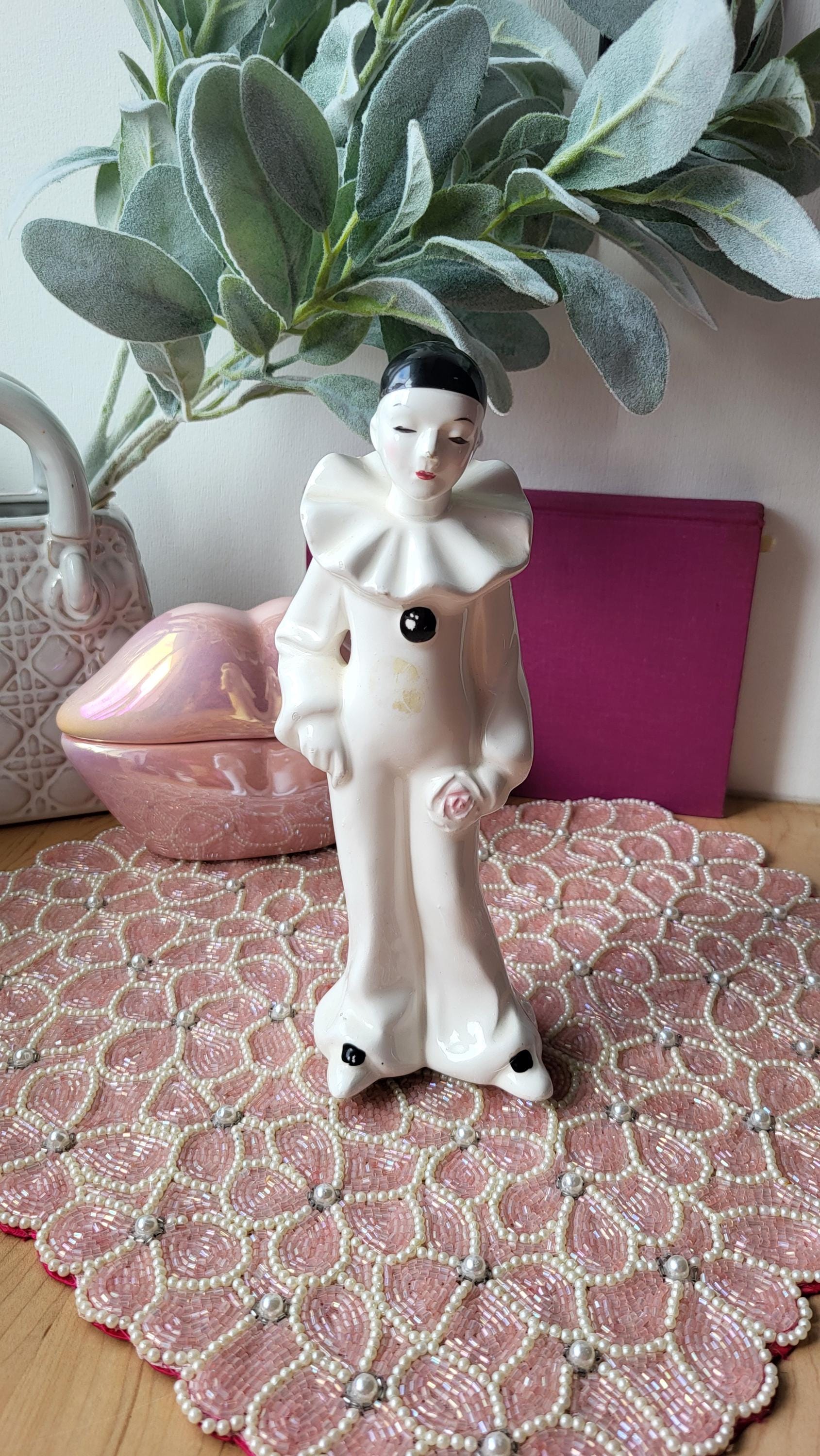 Vintage Pierrot Harlequin Clown 9" Figurine in ceramic Holding a Rose Red & Pink Makeup