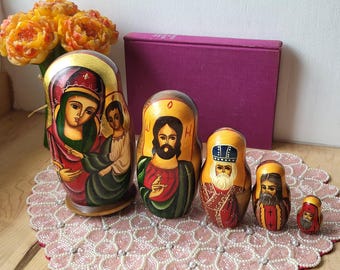 Bambole Nidificate Della Natività – Set Di 5 Matrioska In Legno Dipinte A Mano, Arte Religiosa Russa, Idea Regalo Natale E Collezione