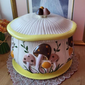 Seltene große Arnel 1970 6-teilig 4 Keramik-Kanister-Set Tortenkeil Design Pilz Fliegenpilz Motiv mit Geteilten Platten und Deckel