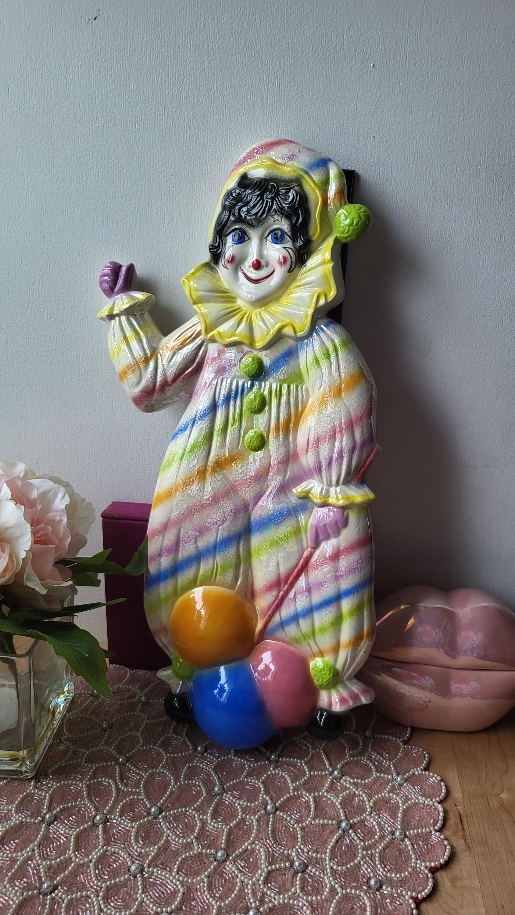 Vintage Large Clown Pierrot Mime Wall Hanging Iridescent Colorful
