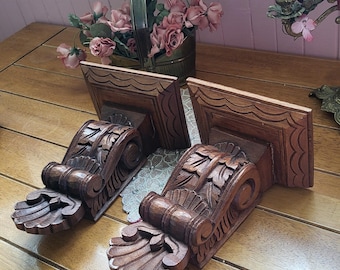 Pair of Wood Carved Antique Wall Shelf, Floral Console with Ornaments, Hand Made Wall Decor