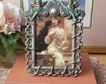 Vintage Russ Pewter Standing Picture Frame Cherubs Musical Instruments Rope Romantic