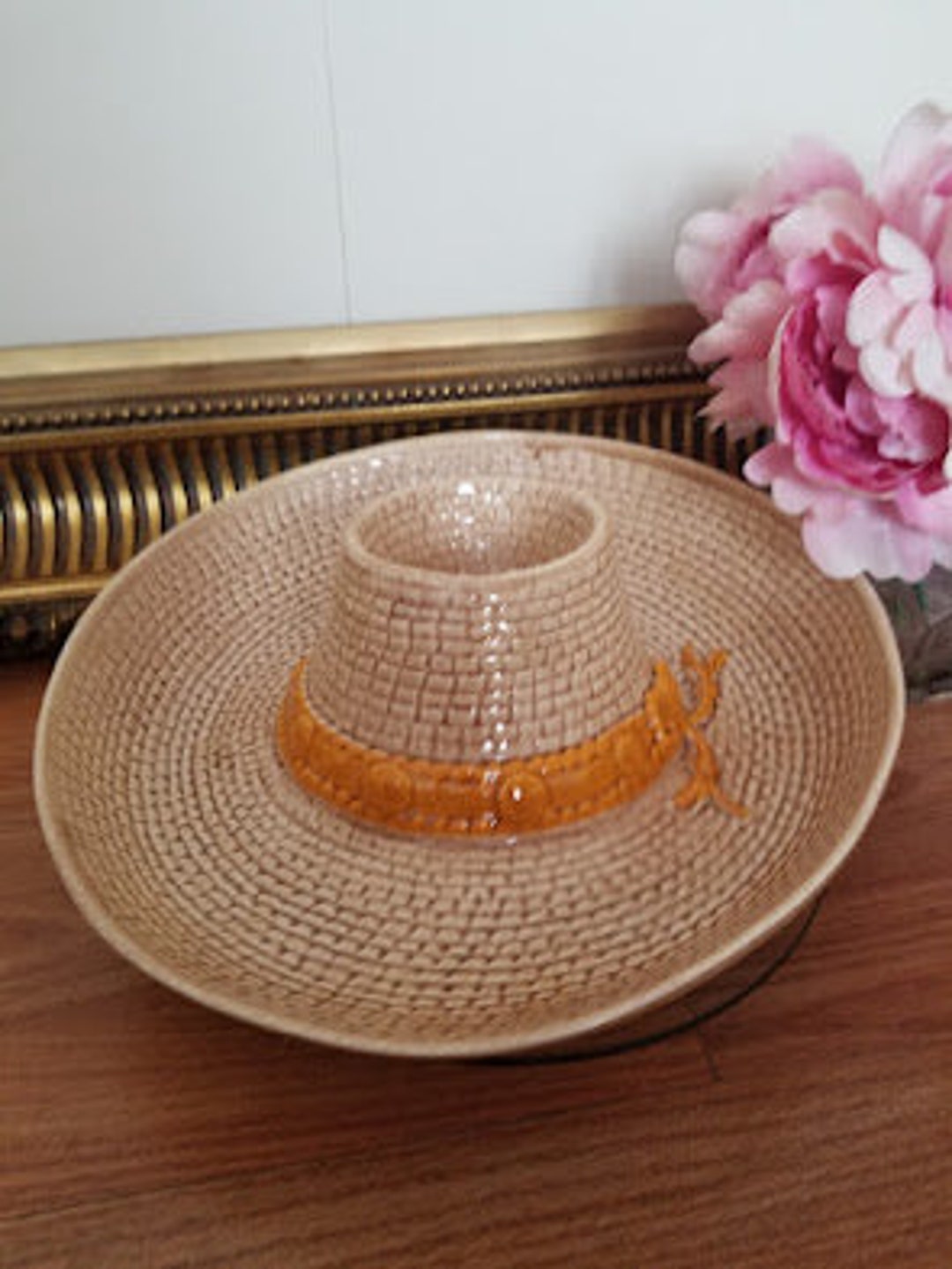 Vintage Whittier Sombrero Chip and Dip Bowl Mexican Straw Hat, Vintage