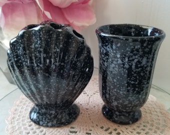 Vintage 80's Art Deco Black and Grey Dotted Ceramic Bathroom Set Toothbrush Holder and Glass