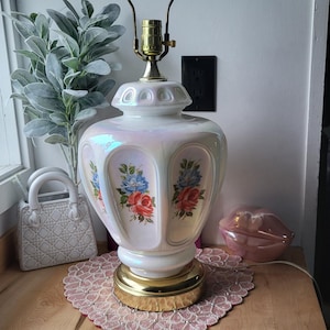 Vintage Large Iridescent Glass Table Lamp With Flowers and Gold Details 70&#39;s Lamp Rainbow Glass