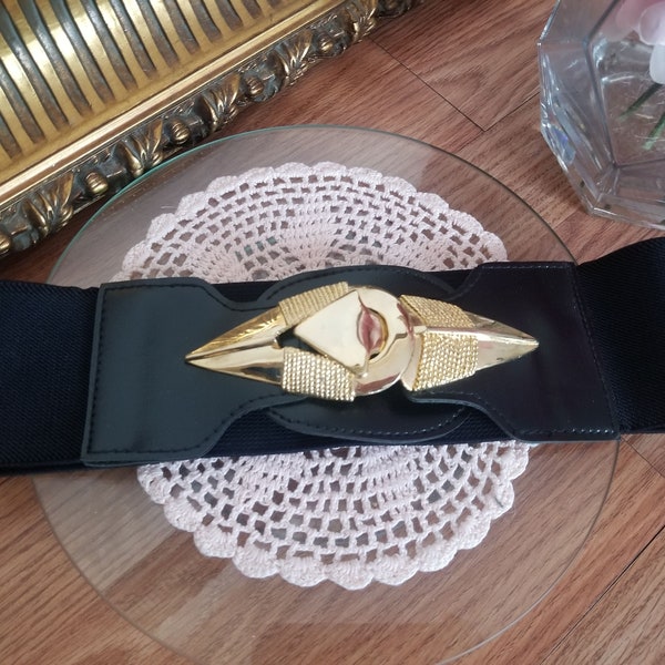 vintage années 80 boucle d'or ceinture noire élastique avec grande décoration dorée géométrique