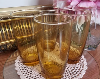 Vintage Set of 4 Libbey Honey Amber Ripple Wave Drinking Glasses, Optic Swirl Ripple, Pair, Vintage Glassware with Ridges, Barware